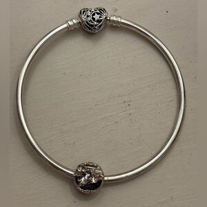 Authentic Pandora Celestial Heart Clasp Bangle Bracelet & Retired Disney Charm